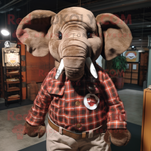 Brown Elephant mascot costume character dressed with a Flannel Shirt and Tie pins
