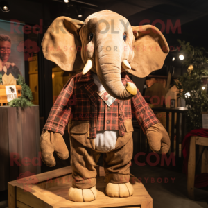 Brown Elephant mascot costume character dressed with a Flannel Shirt and Tie pins