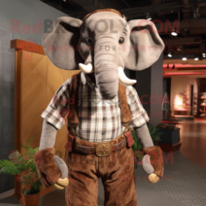 Brown Elephant mascot costume character dressed with a Flannel Shirt and Tie pins