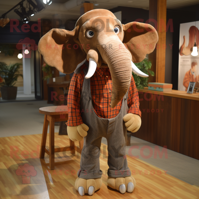 Brown Elephant mascot costume character dressed with a Flannel Shirt and Tie pins Brown Elephant mascot costume character dressed with a Flannel Shirt and Tie pins