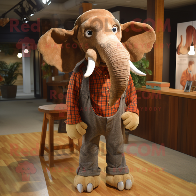 Brown Elephant mascot costume character dressed with a Flannel Shirt and Tie pins