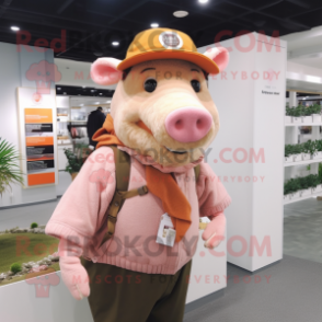 Peach Wild Boar mascot costume character dressed with a Sweater and Berets