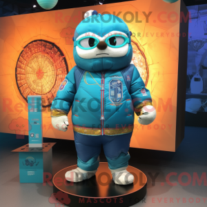 Maskotfigur af en cyan...