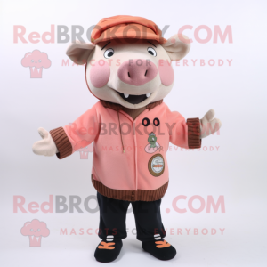 Peach Wild Boar mascot costume character dressed with a Sweater and Berets