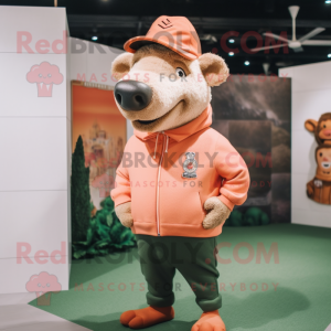 Peach Wild Boar mascot costume character dressed with a Sweater and Berets