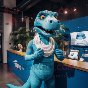Blue T Rex mascot costume character dressed with a Bikini and Bracelets