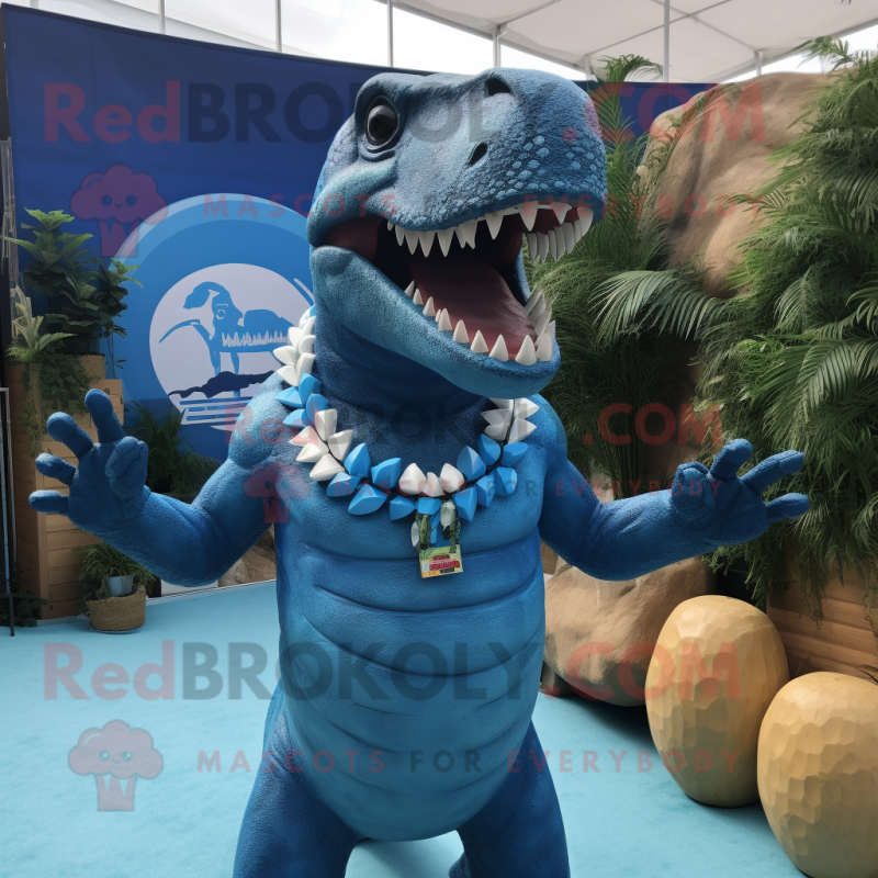 Blue T Rex mascot costume character dressed with a Bikini and Bracelets Blue T Rex mascot costume character dressed with a Bikini and Bracelets