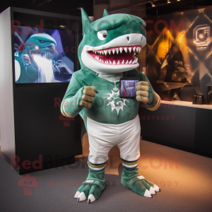 Green Megalodon mascot costume character dressed with a Rugby Shirt and Digital watches