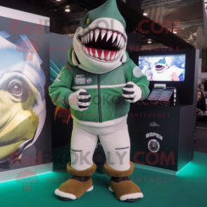 Green Megalodon mascot costume character dressed with a Rugby Shirt and Digital watches