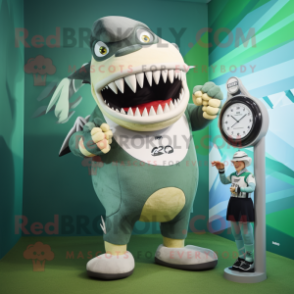 Green Megalodon mascot costume character dressed with a Rugby Shirt and Digital watches