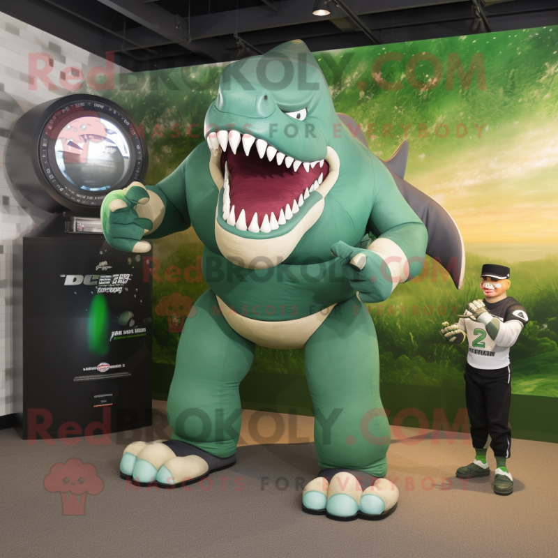 Green Megalodon mascot costume character dressed with a Rugby Shirt and Digital watches Green Megalodon mascot costume character dressed with a Rugby Shirt and Digital watches