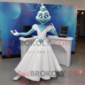 Maskotfigur av en cyan...