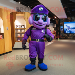 Purple Air Force Soldier mascot costume character dressed with a Joggers and Headbands