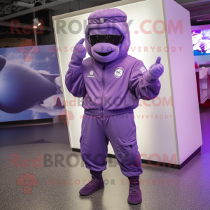 Purple Air Force Soldier mascot costume character dressed with a Joggers and Headbands