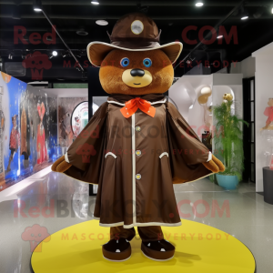 Brown Ring Master mascot costume character dressed with a Raincoat and Hair clips