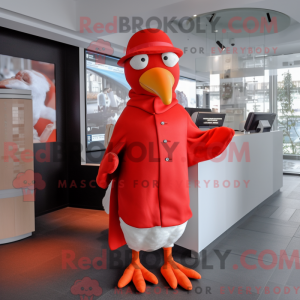 Maskotkarakter av en rød...