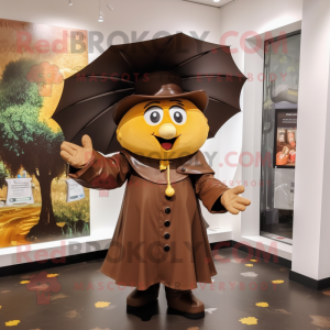 Brown Ring Master mascot costume character dressed with a Raincoat and Hair clips