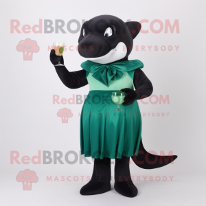 Forest Green Killer Whale mascot costume character dressed with a Cocktail Dress and Cummerbunds