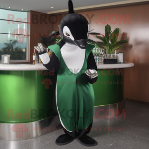 Forest Green Killer Whale mascot costume character dressed with a Cocktail Dress and Cummerbunds