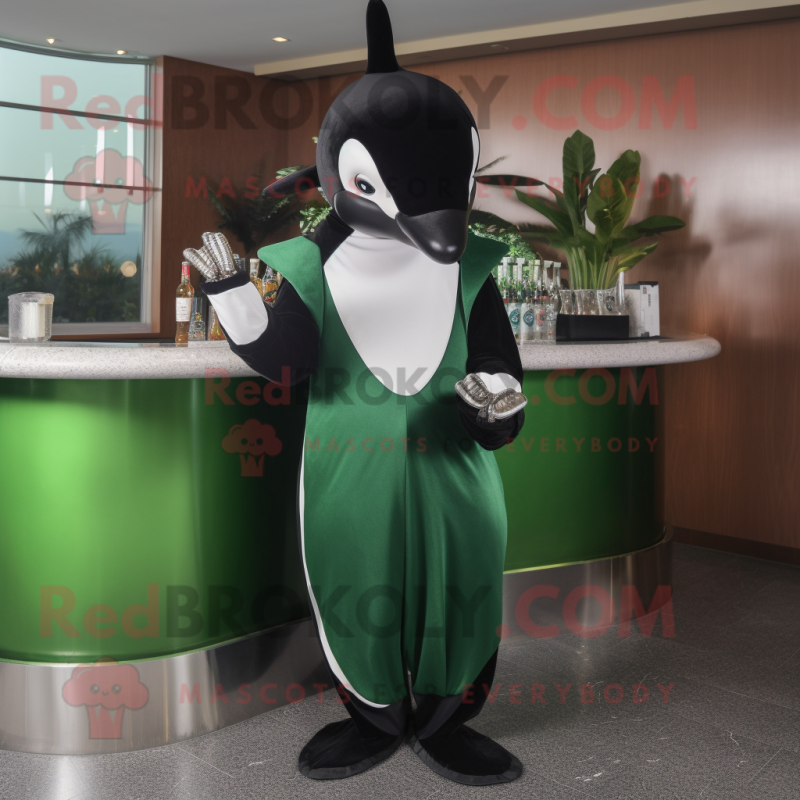 Forest Green Killer Whale mascot costume character dressed with a Cocktail Dress and Cummerbunds