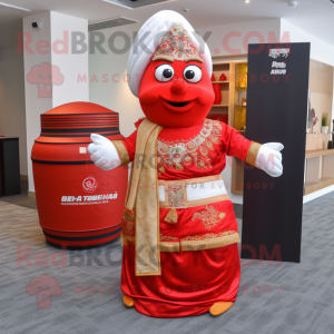 Red Biryani mascot costume character dressed with a Wedding Dress and Briefcases