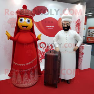 Red Biryani mascot costume character dressed with a Wedding Dress and Briefcases