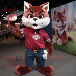 Maroon Bobcat mascot costume character dressed with a Denim Shorts and Mittens