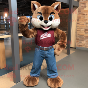 Maroon Bobcat mascot costume character dressed with a Denim Shorts and Mittens