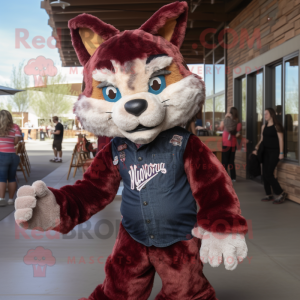 Maroon Bobcat mascot costume character dressed with a Denim Shorts and Mittens