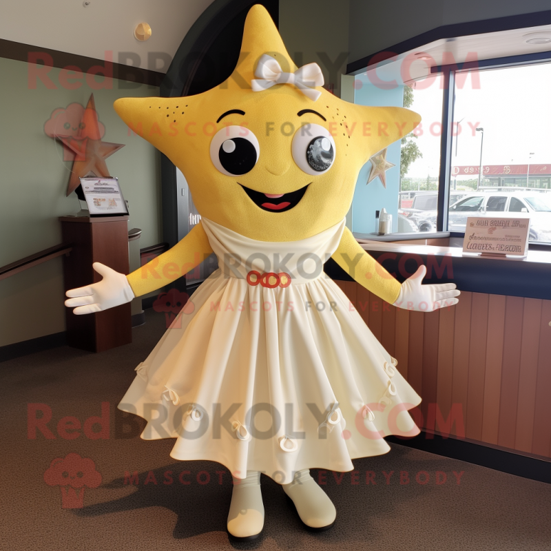 Cream Starfish mascot costume character dressed with a A-Line Skirt and Shoe clips