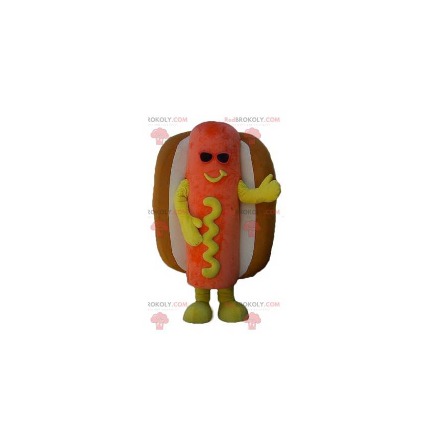 Obří oranžově žluté a hnědé hot dog maskot - Redbrokoly.com Obří oranžově žluté a hnědé hot dog maskot - Redbrokoly.com