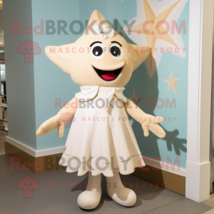 Cream Starfish mascot costume character dressed with a A-Line Skirt and Shoe clips