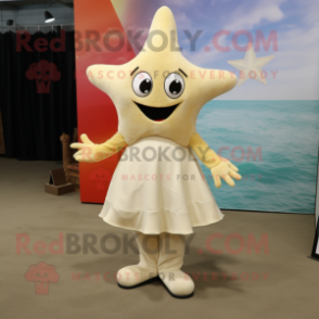 Cream Starfish mascot costume character dressed with a A-Line Skirt and Shoe clips