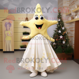 Cream Starfish mascot costume character dressed with a A-Line Skirt and Shoe clips