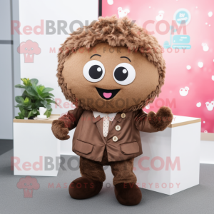 Brown Raspberry mascot costume character dressed with a Jacket and Hair clips