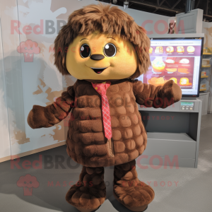 Brown Raspberry mascot costume character dressed with a Jacket and Hair clips