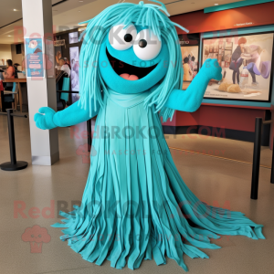 Turquoise Spaghetti mascot costume character dressed with a A-Line Dress and Belts