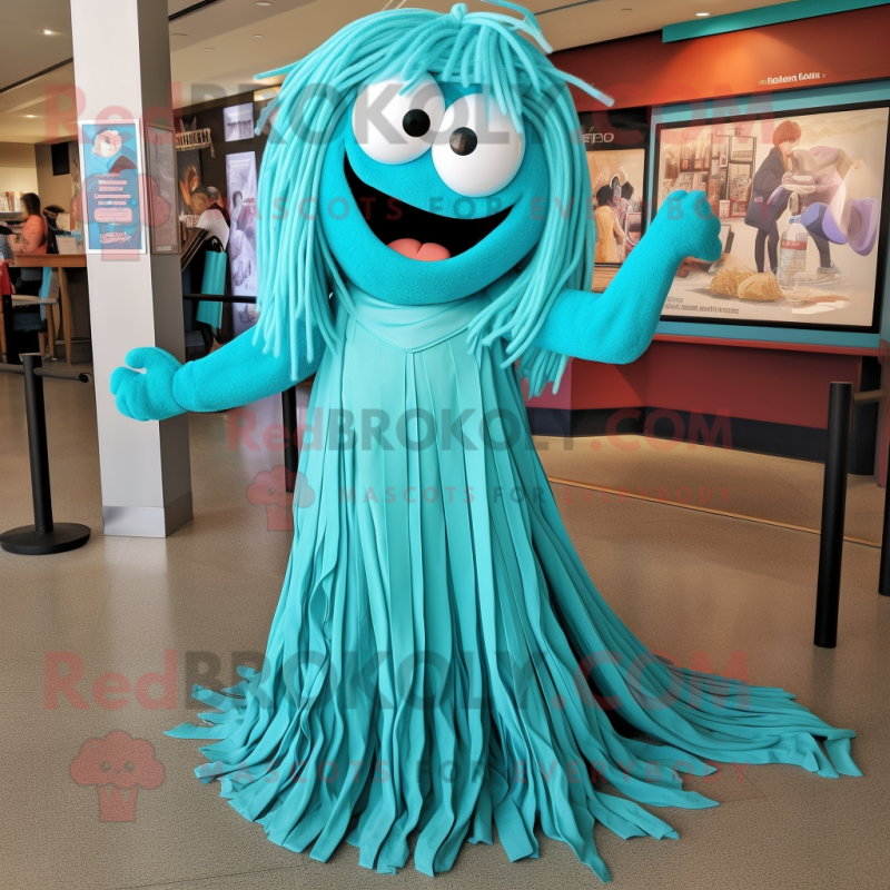 Turquoise Spaghetti mascot costume character dressed with a A-Line Dress and Belts