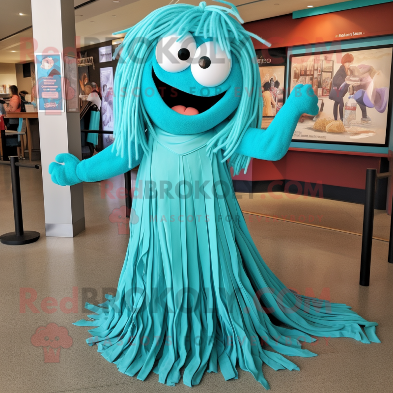 Turquoise Spaghetti mascot costume character dressed with a A-Line Dress and Belts Turquoise Spaghetti mascot costume character dressed with a A-Line Dress and Belts
