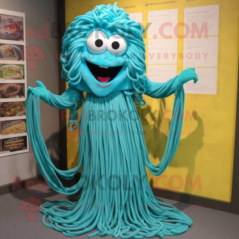 Turquoise Spaghetti mascot costume character dressed with a A-Line Dress and Belts