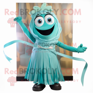 Turquoise Spaghetti mascot costume character dressed with a A-Line Dress and Belts