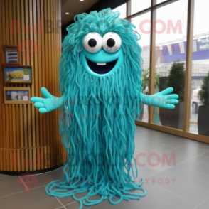 Turquoise Spaghetti mascot costume character dressed with a A-Line Dress and Belts