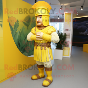 Yellow Roman Soldier mascot costume character dressed with a Trousers and Headbands