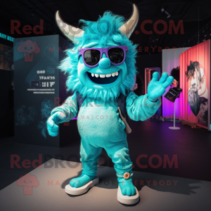 Cyan Demon mascot costume character dressed with a Romper and Sunglasses
