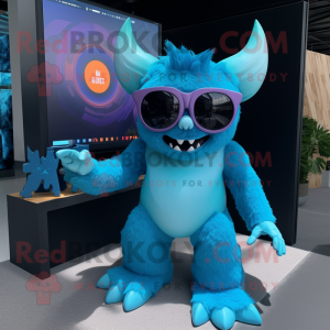 Cyan Demon mascot costume character dressed with a Romper and Sunglasses