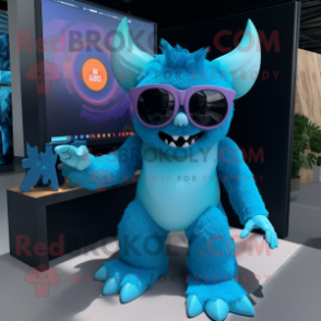 Cyan Demon mascot costume character dressed with a Romper and Sunglasses