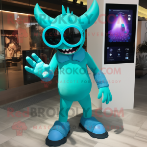 Cyan Demon mascot costume character dressed with a Romper and Sunglasses