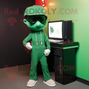 Green Computer mascot costume character dressed with a Polo Shirt and Caps