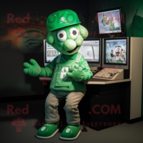 Green Computer mascot costume character dressed with a Polo Shirt and Caps