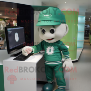 Green Computer mascot costume character dressed with a Polo Shirt and Caps